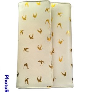 Red Envelope jewelry clutch, ivory with gold bird designs